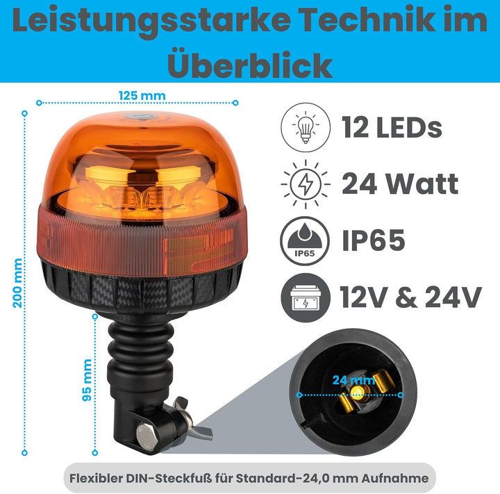 LED Rundumleuchte Warnleuchte 12 und 24 Volt mit Gummifuss 24 Watt E4 ECE R65 R10 Rundumlicht Abmess