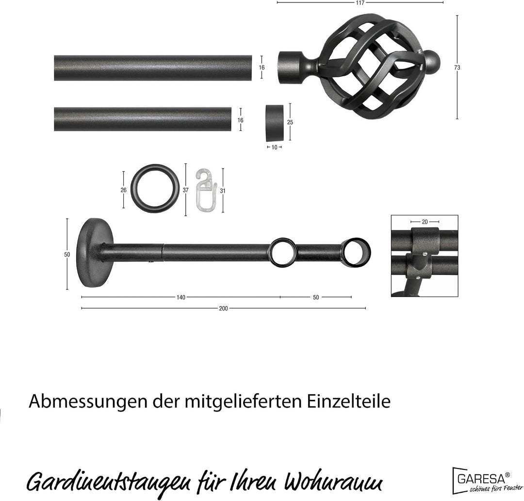 Garesa Gardinenstange Rustika Ø 16mm, 2-läufig, Graphite I Rustikale Vorhangstange aus Metall inkl.