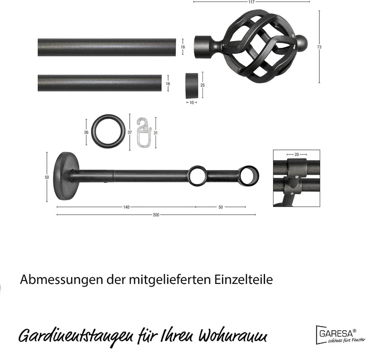 Garesa Gardinenstange Rustika Ø 16mm, 2-läufig, Graphite I Rustikale Vorhangstange aus Metall inkl.