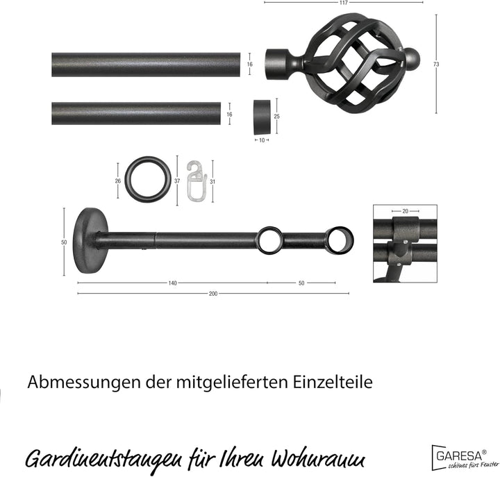 Garesa Gardinenstange Rustika Ø 16mm, 2-läufig, Graphite I Rustikale Vorhangstange aus Metall inkl.