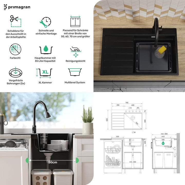 PRIMAGRAN Spülbecken Grau 78x50cm, Granitspüle 1 Becken + Ablauf-Set, Küchenspüle ab 50er Unterschra