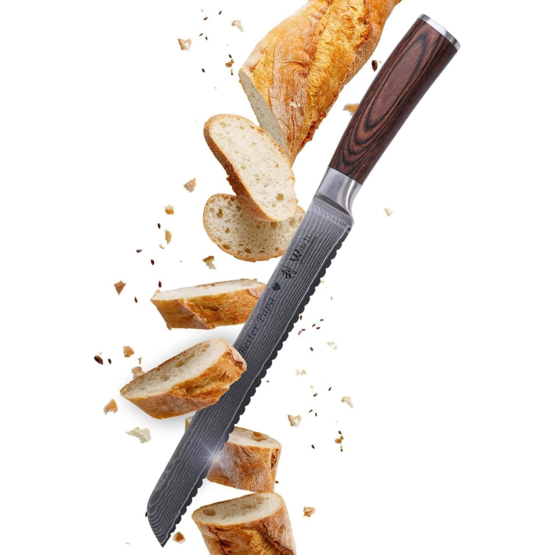 Wakoli EDIB Damast Brotmesser mit Gravur – Personalisiertes Brotmesser, 23cm Wellenschliff-Klinge au