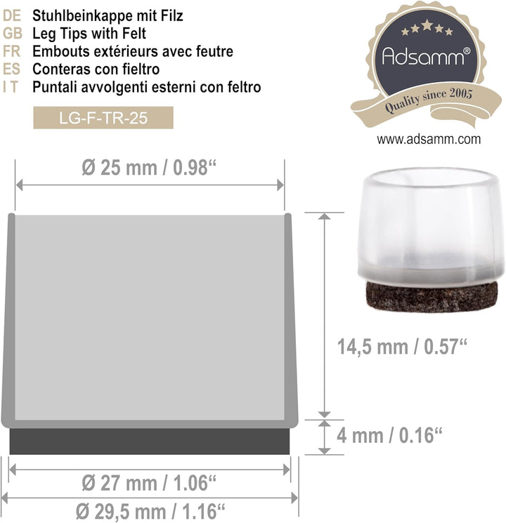 Adsamm® / 32 x Stuhlbeinkappen mit Filz / Transparent / Ø 24 - 25 mm / rund / Filz-Möbelgleiter für