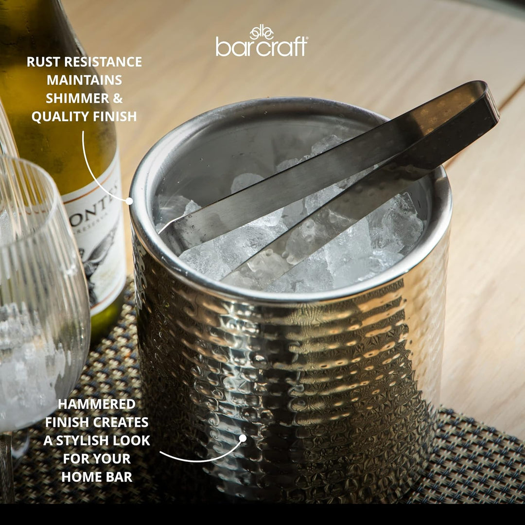 BarCraft Eiskübel, Edelstahleimer mit Deckel und Zange in silberner Hammerschlagoptik, 1,5 Liter, 15