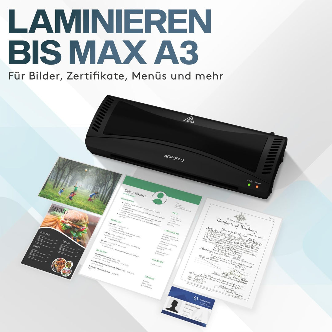 ACROPAQ Laminiergerät A3 mit Laminierfolien - Laminierset mit 50 Laminierfolien, Eckenrunder, Papier