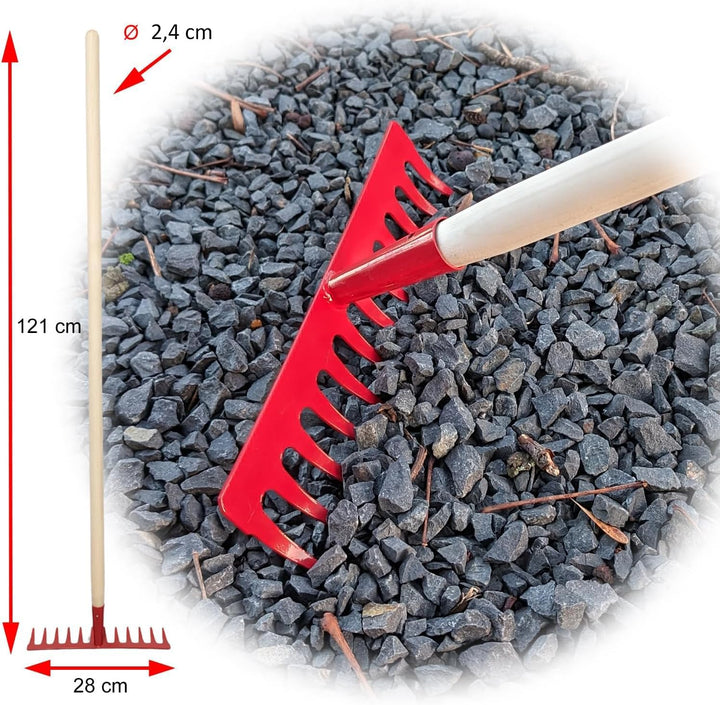 Garten Gerät Harke Rasen Boden Erde Rechen 12 Zinken Metall rot Gartenrechen 28 cm mit Holz Stiel, R