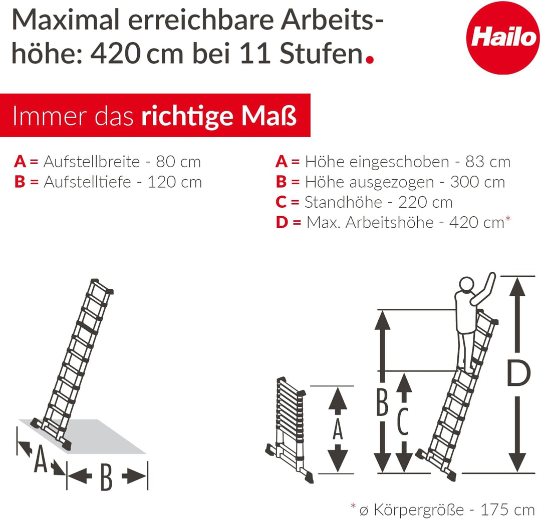 Hailo T100 FlexLine Sicherheits-Teleskopleiter - ausziehbare Leiter aus Aluminium mit bis zu 11 Stuf
