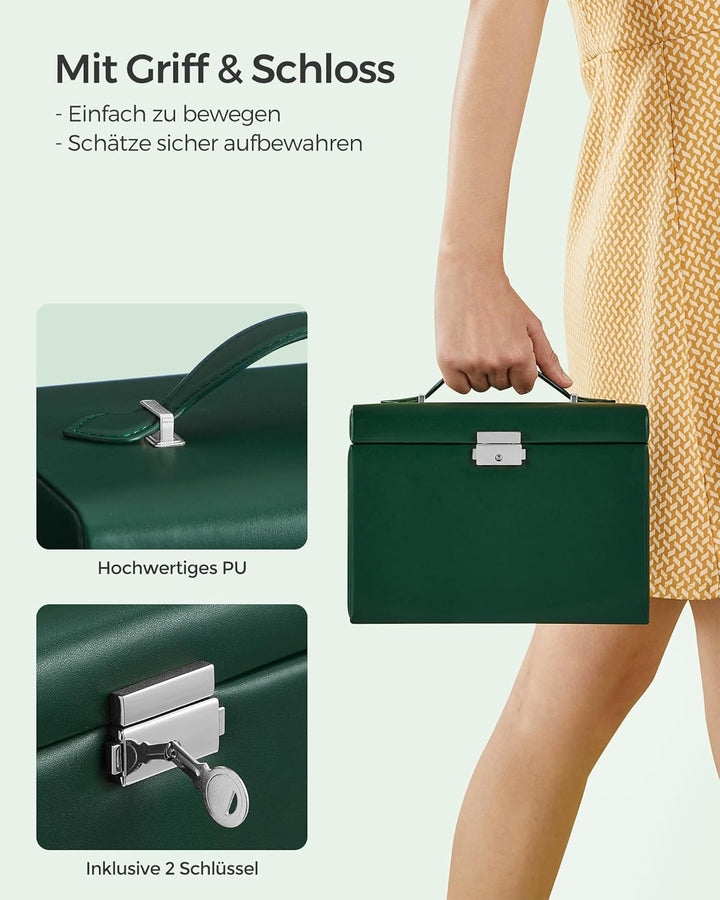 SONGMICS Schmuckkästchen 4 Ebenen, Schmuckkasten mit Griff, 3 Schubladen, Schmuckschatulle mit Spieg