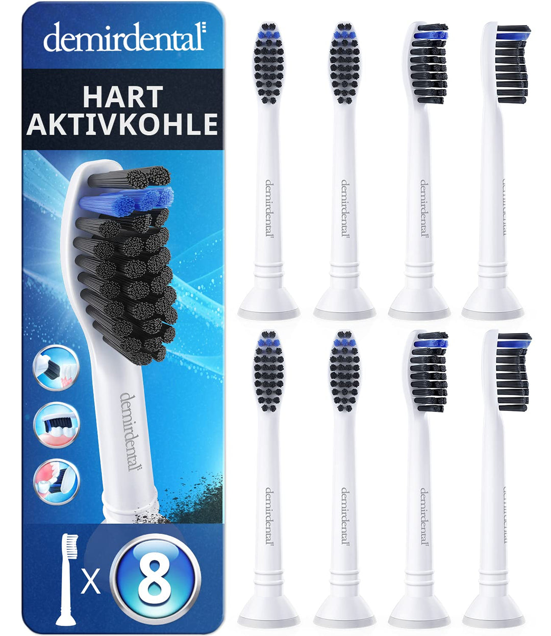 8er demirdental Ersatzbürsten passend für Philips Sonicare, Aktivkohle Aufsätze & Aufsteckbürsten, H