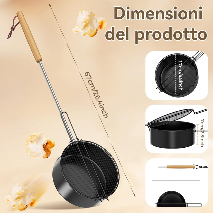 Popcornpfanne für Lagerfeuer &amp; Grill | aus hochwertigem Carbonstahl &amp; Sicherheitsgriff | Perfekt für