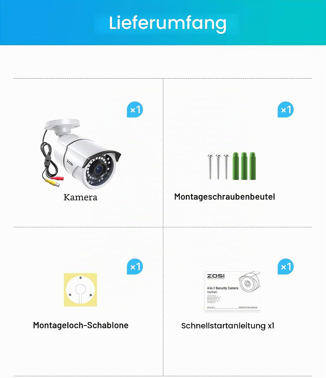 ZOSI 1080P 2MP Bullet Kamera Überwachungskamera 3.6mm Linse,Wetterfest, 36M Nachtsicht, IP66 Metallg
