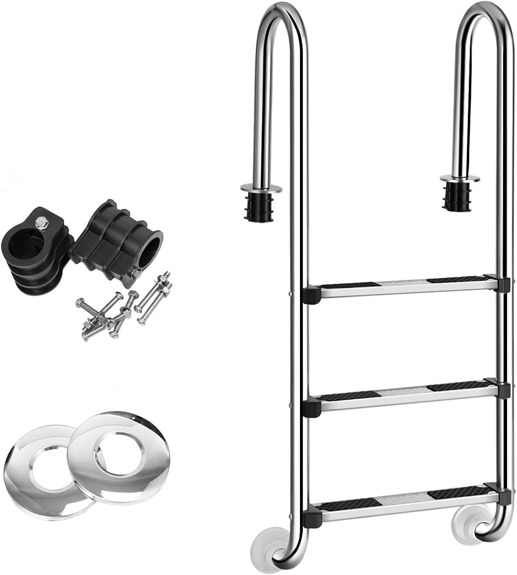 GYMAX Poolleiter 3 Stufen Schwimmbadleiter Edelstahl Einstiegsleiter mit Antirutschpads Einbauleiter