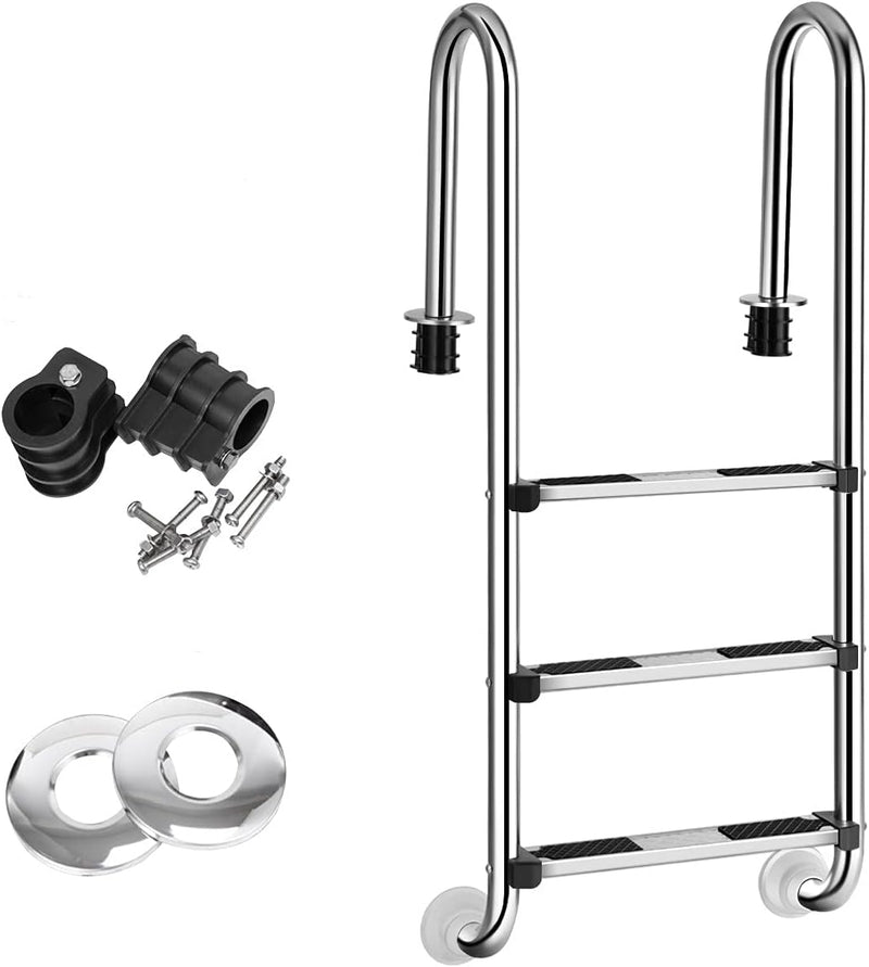 GYMAX Poolleiter 3 Stufen Schwimmbadleiter Edelstahl Einstiegsleiter mit Antirutschpads Einbauleiter
