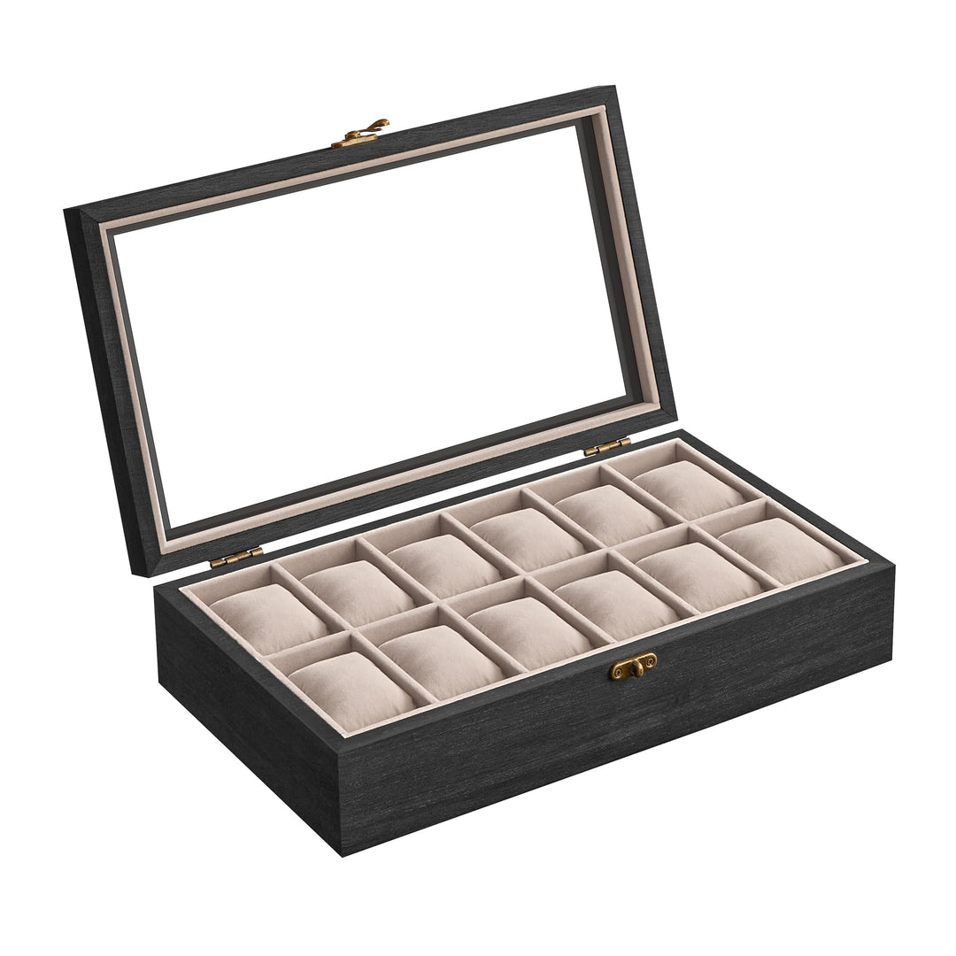 SONGMICS Uhrenbox mit 12 Fächern, Uhrenkasten aus Massivholz, mit Glasdeckel, Uhrenkissen, Geschenk