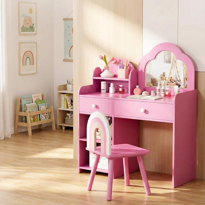 Clevich Schminktisch Kinder Set, 2 in 1 Kinderschminktisch mit Spiegel, 2 Schubladen, Schliessfächer