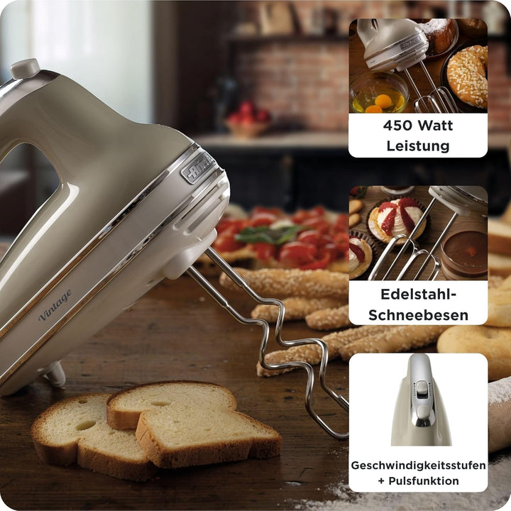 Ariete 1548 Handmixer Vintage, 450 W, 5 Geschwindigkeiten, Turbo-Funktion, 2 Schneebesen, Beige