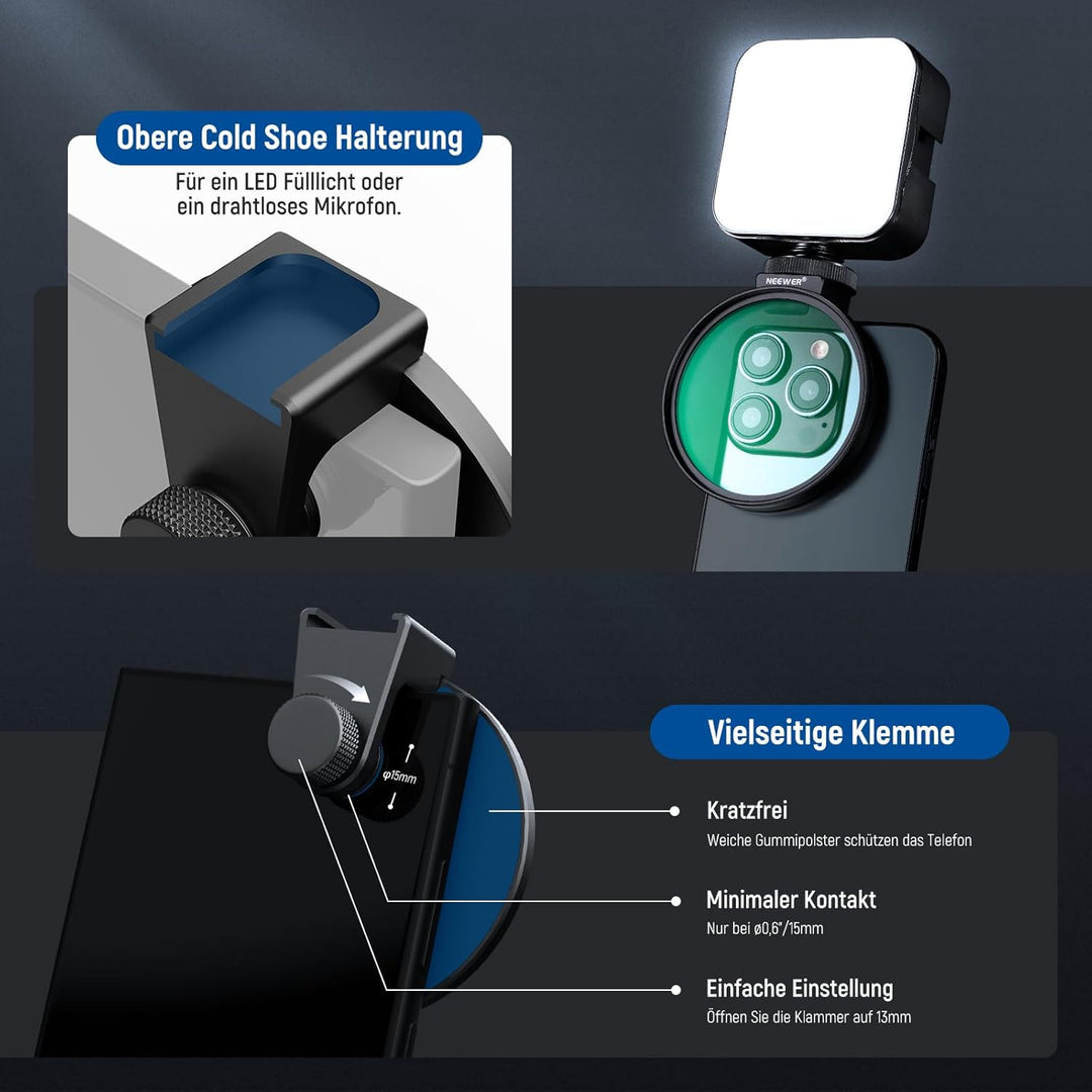 NEEWER 67 mm 1/4 schwarzer Diffusionsfilter & Kaltschuh-Handyclip für Handy, inklusive Tragetasche u