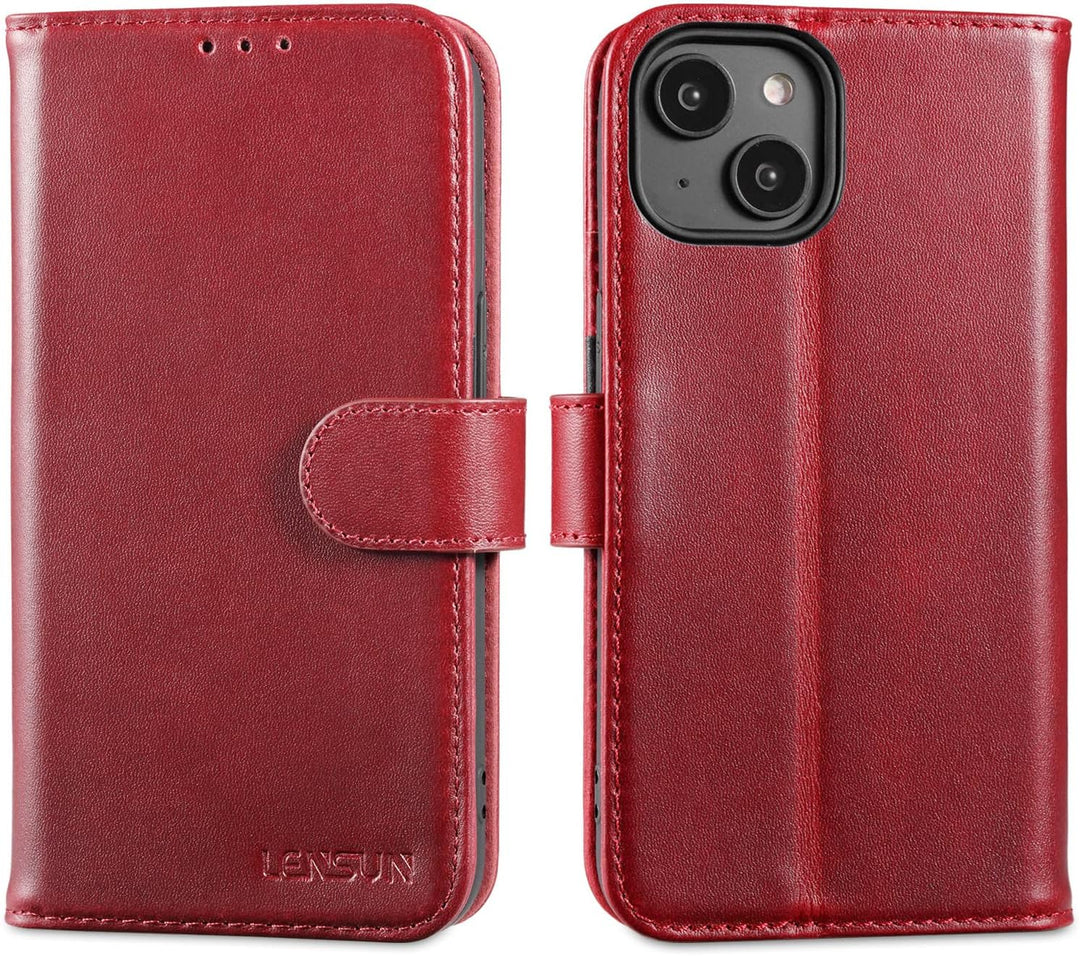 LENSUN Echtleder Hülle für iPhone 14, Handyhülle Echt Leder [Magnetverschluss][RFID Schutz] Handytas
