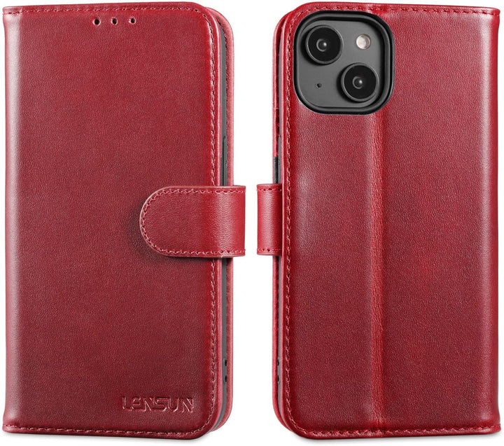 LENSUN Echtleder Hülle für iPhone 14, Handyhülle Echt Leder [Magnetverschluss][RFID Schutz] Handytas