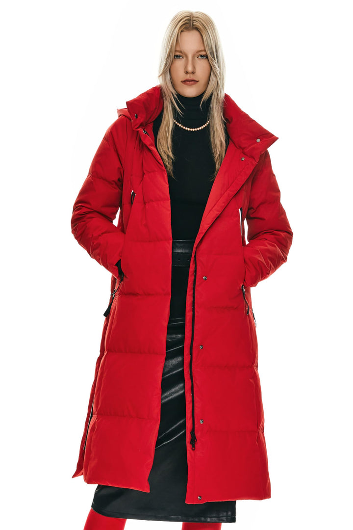 Orolay Damen Verdickte Daunenjacke Langer Wintermantel Mit Kapuze Pufferjacke Rot XL, Rot XL