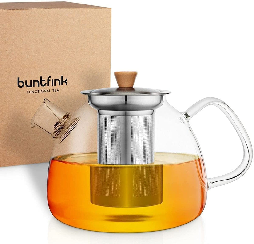 buntfink®„TeaPot“ Teekanne Glas mit Siebeinsatz für 1.300 ml I Glasteekanne mit Siebeinsatz aus Boro