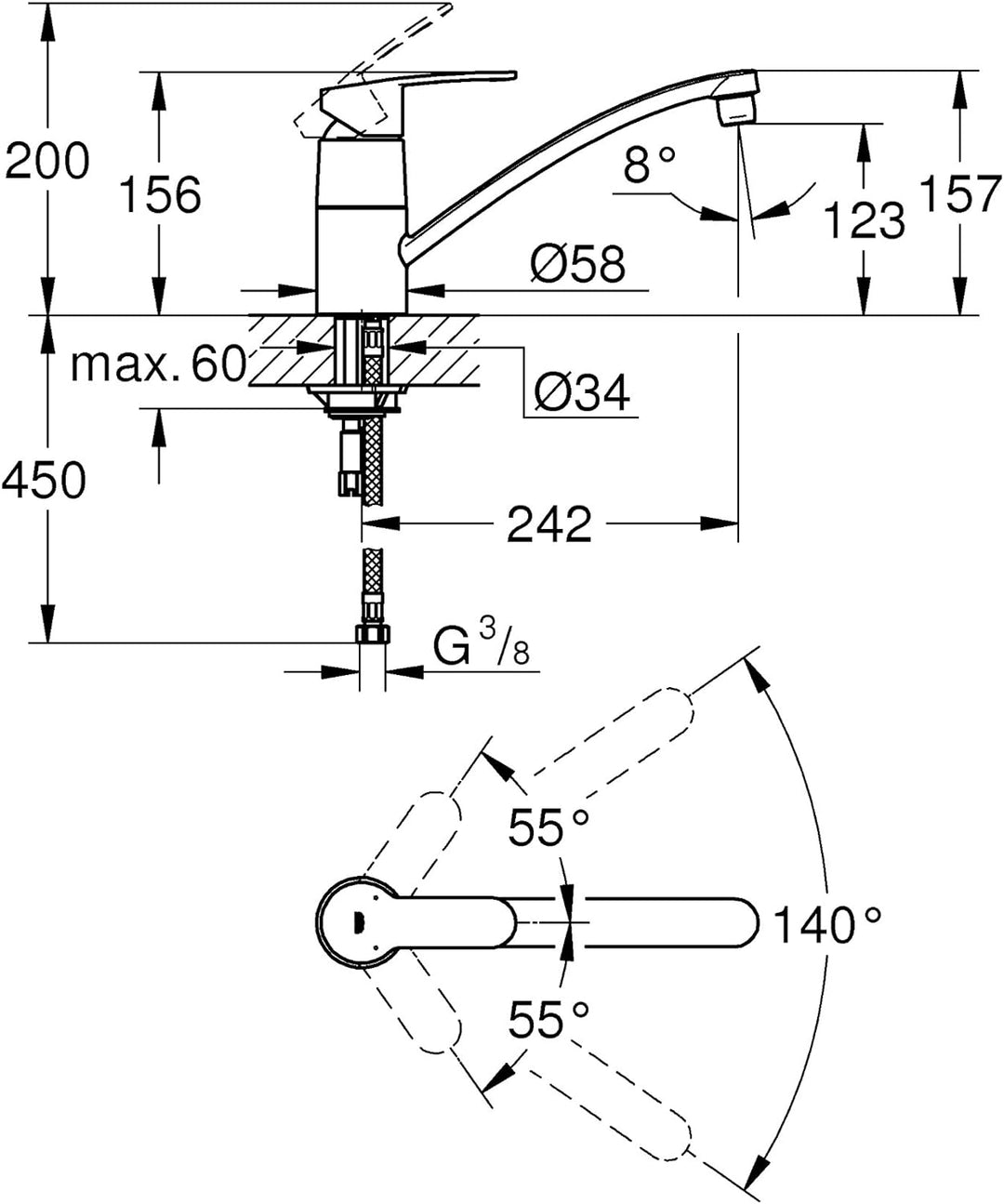 GROHE Eurostyle Cosmopolitan - Spültischarmatur (flacher schwenkbarer Auslauf, Einlochmontage, langl