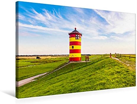 Premium Textil-Leinwand 75 x 50 cm Quer-Format Rot-gelb gestreifter Leuchtturm | Wandbild, HD-Bild a