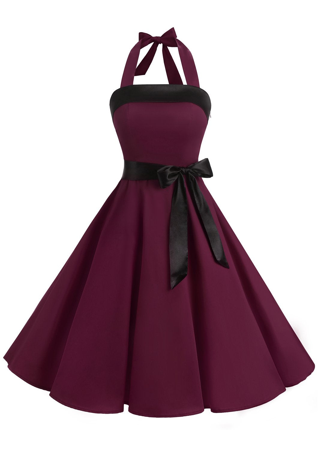 Damen Vintage Cocktailkleid Knielang Neckholder Swing Retro Rockabilly Kleid A-burgundy XXL, A-burgu