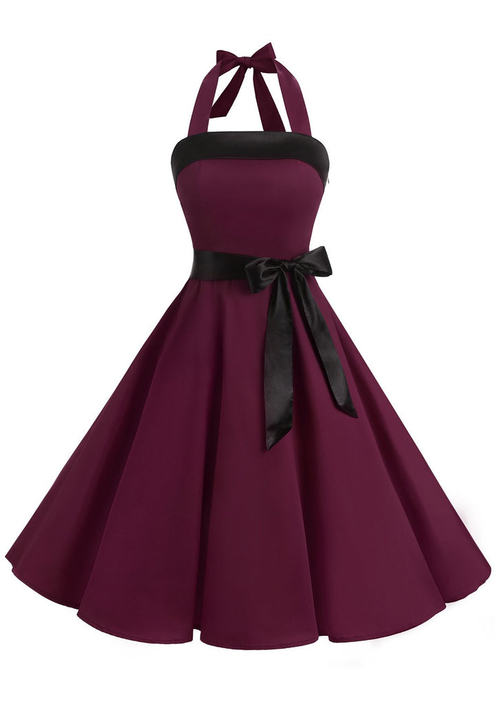 Damen Vintage Cocktailkleid Knielang Neckholder Swing Retro Rockabilly Kleid A-burgundy XXL, A-burgu
