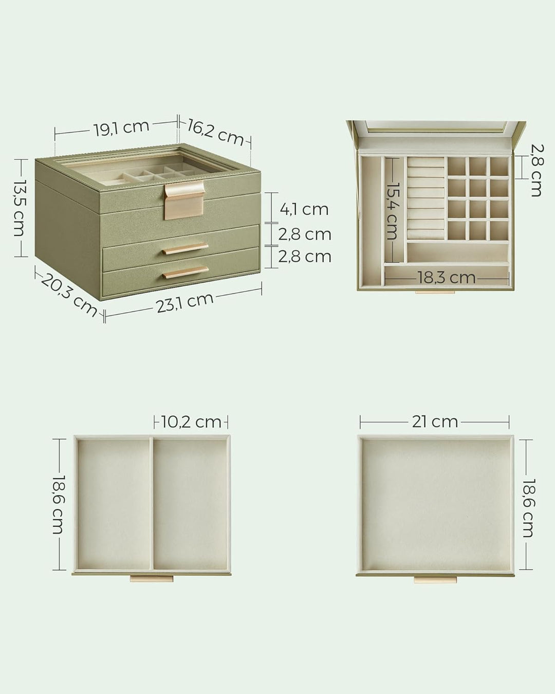SONGMICS Schmuckkästchen, Schmuckkasten 3 Ebenen, Schmuckbox mit Glasdeckel, 2 Schubladen, Schmuckau