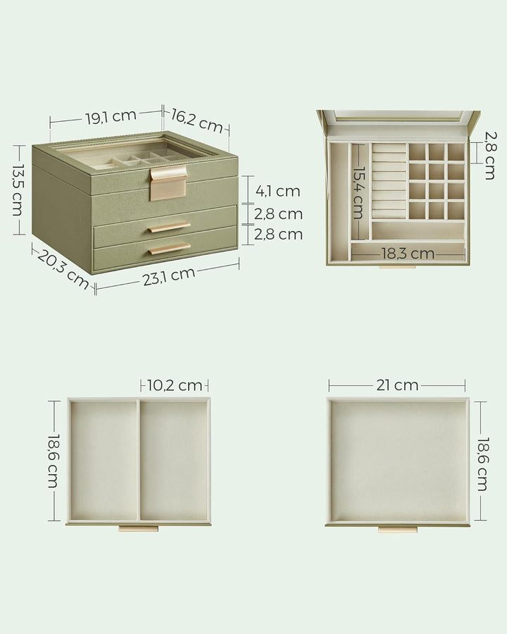 SONGMICS Schmuckkästchen, Schmuckkasten 3 Ebenen, Schmuckbox mit Glasdeckel, 2 Schubladen, Schmuckau