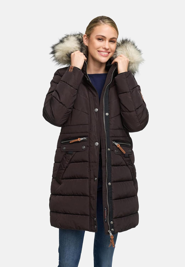 Navahoo Damen Wintermantel warmer Steppmantel lang mit abnehmbarer Kunstfell-Kapuze Paula XS-5XL S C