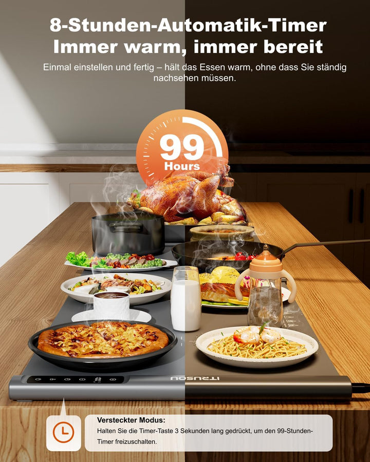 Erweiterbare Speisewärmerplatte 137x40 cm – Warmhalteplatte mit 7 Temperaturstufen, umschaltbar ℃/℉,