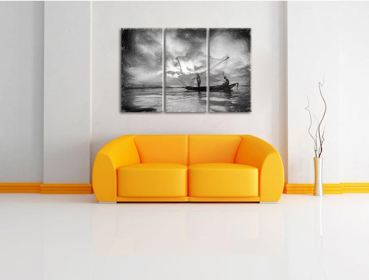 Pixxprint Fischer am fischen mit Wurfnetz Kohle Effekt 3-Teiler Leinwandbild 120x80 Bild auf Leinwan
