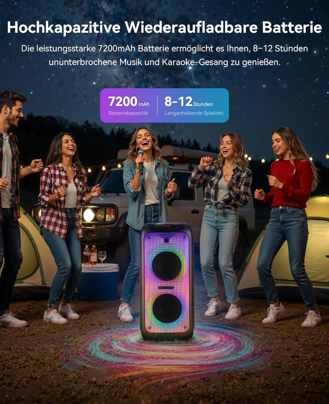 GKD80 Karaoke Maschine Für Erwachsene Mit 2 Kabellosen UHF Mikrofonen, 600W Peak Bluetooth Lautsprec