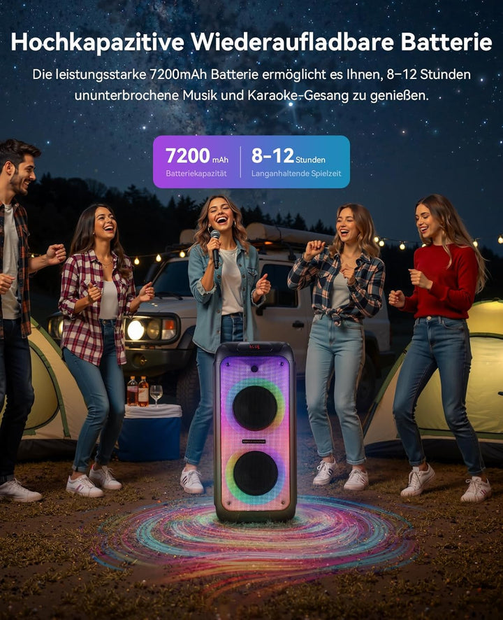 GKD80 Karaoke Maschine Für Erwachsene Mit 2 Kabellosen UHF Mikrofonen, 600W Peak Bluetooth Lautsprec