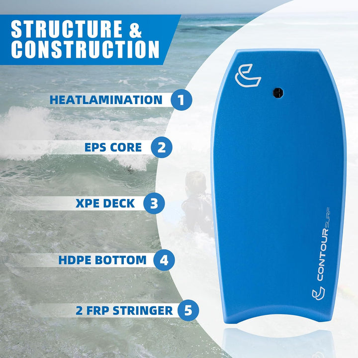 Body Boards for Beach Lightweight Durable Body Board with EPS Core Dual Channel Double Swivel Coiled