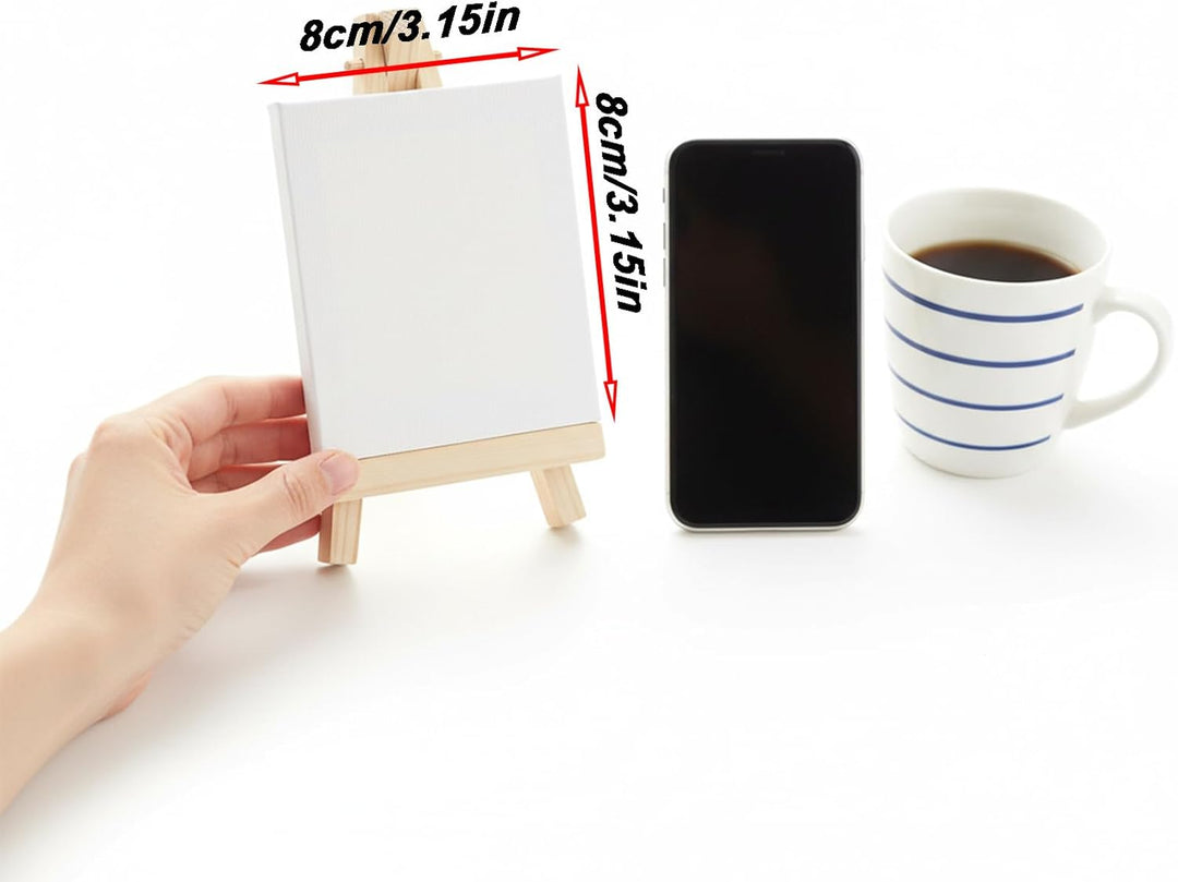 12x Mini Staffelei Naturholz 7x12.5cm klappbar mit 8x8cm Leinwand-Set - Handbemaltes Kinder-Malkreat
