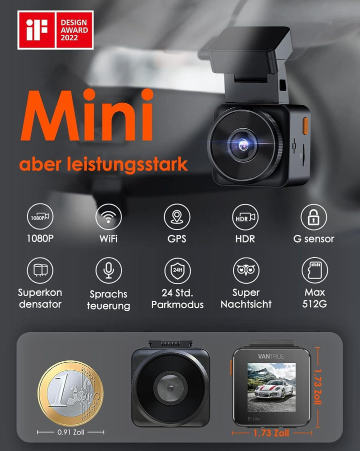 VANTRUE E1 lite Mini Dashcam WiFi vorne 1080P/30fps mit Sprachsteuerung, 1,54'' LCD Versteckte Dash
