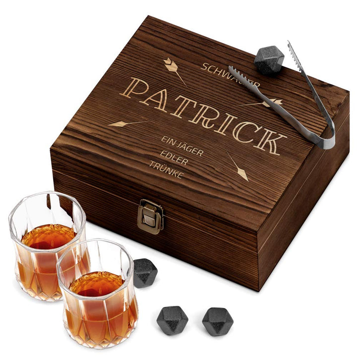 Maverton Whisky Steine Set - in Holzbox mit Gravur - 8 Eiswürfel + 2 Whisky Gläser - wiederverwendba