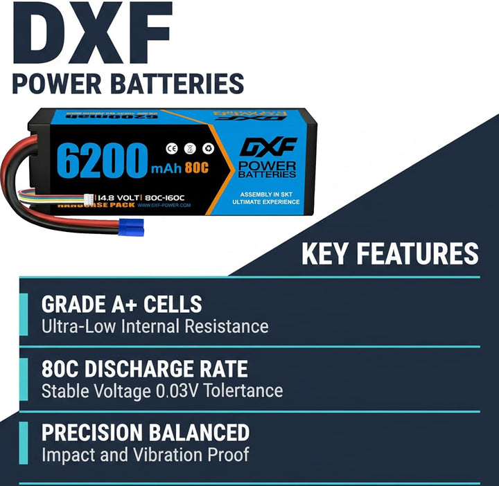 DXF 4S LiPo EC5 Akku 14,8V 80C 6200mAh Hardcase Batterie mit EC5 Steck für RC Auto, RC Flugzeug, RC