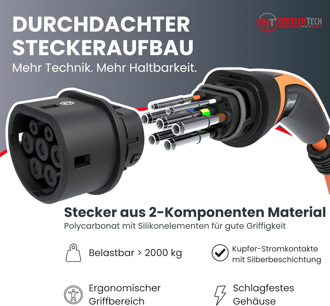 TEUTSCHTECH, EV Ladekabel Spiral I Orange I 9M I TYP2 auf TYP2 I 22kW I 3X32A I 3-phasig I Nutzbare