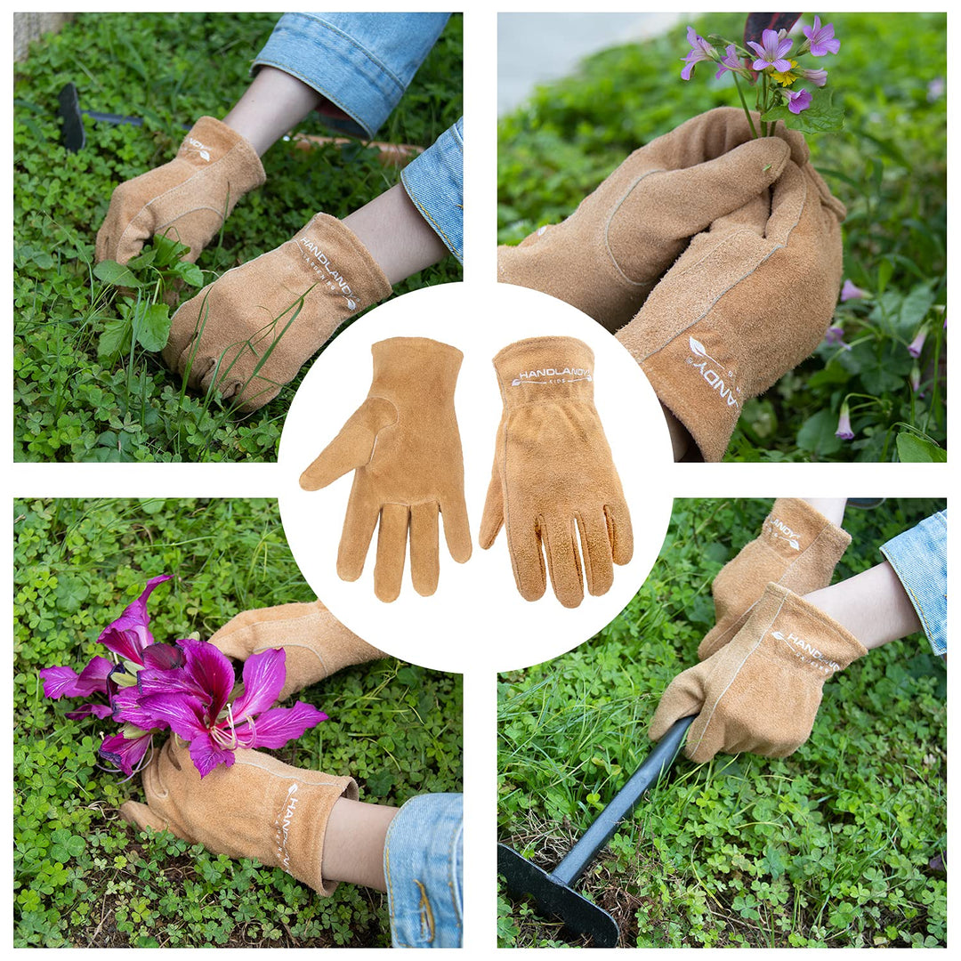 HLDD HANDLANDY Kinder Leder Arbeitshandschuhe, 2 Paar Kinder Gartenarbeitshandschuhe, Kinder Rindsle