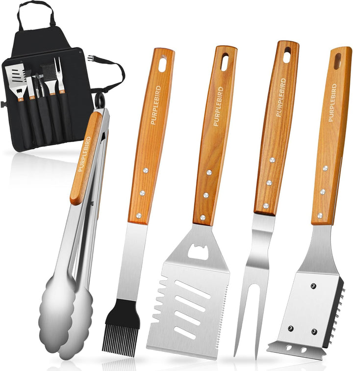 PURPLEBIRD Grillbesteckset 5-TLG, Profi Edelstahl Gril Zubehör Werkzeug Set, Tragetasche mit Schürze
