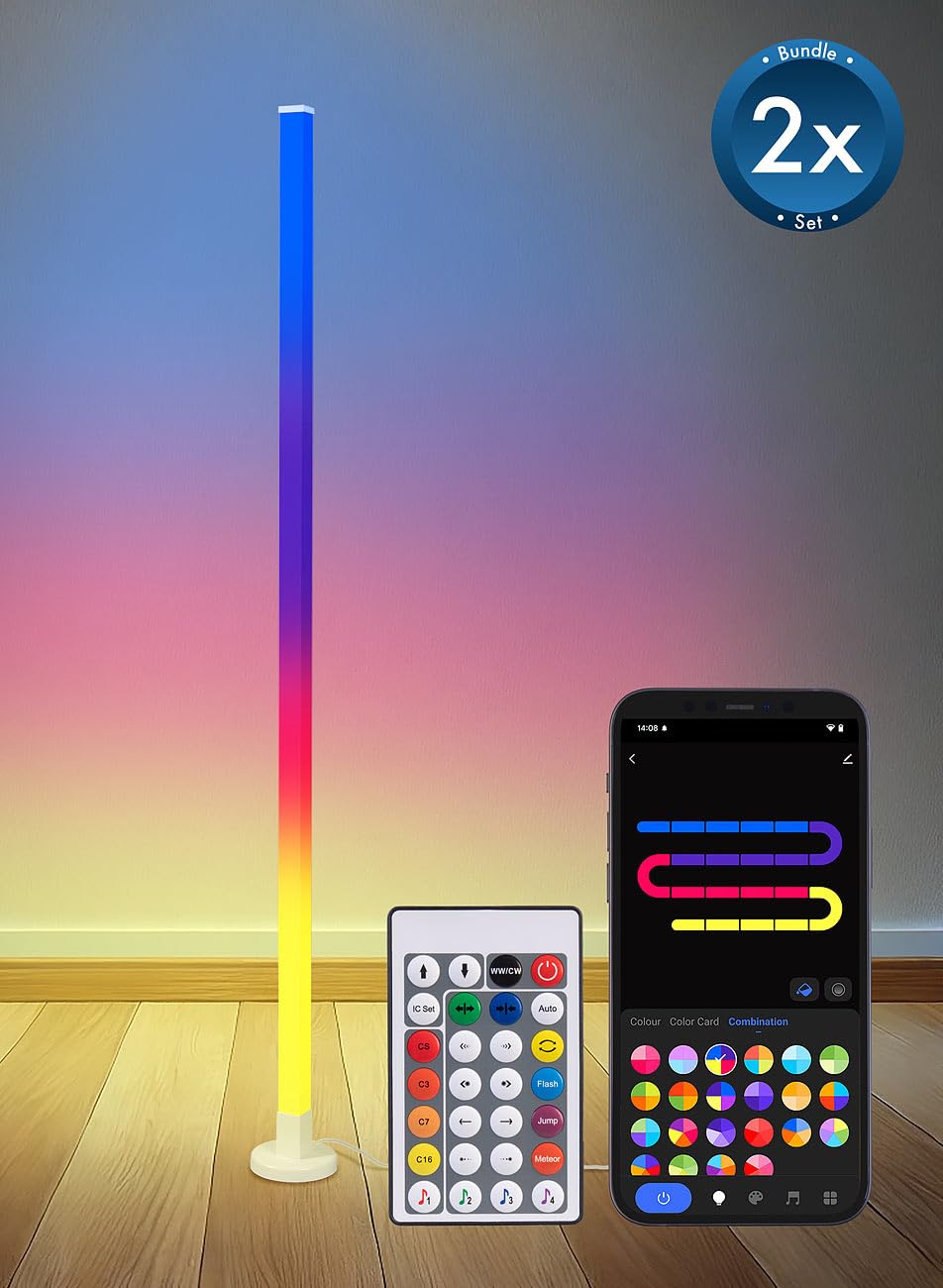 Luminea Home Control Steh Eck Leuchte: 2er-Set Smarte WLAN-Standleuchte mit RGB-IC-LEDs, App, 10 W,