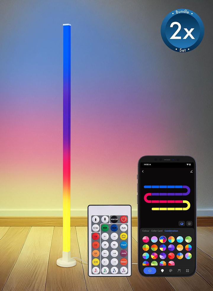 Luminea Home Control Steh Eck Leuchte: 2er-Set Smarte WLAN-Standleuchte mit RGB-IC-LEDs, App, 10 W,