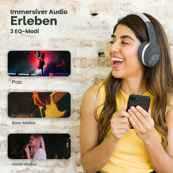 PowerLocus Bluetooth Kopfhörer Over Ear, Kabellos mit 3-EQ modi, 60std. Spielzeit, Hi-Fi-Stereo Falt