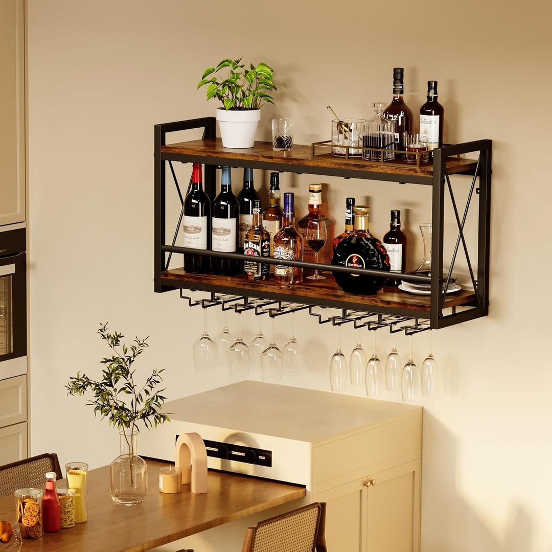 Homeiju Wandmontiertes Weinregal, Flaschen- und Glashalter, Holz, Metall, Retro, schwimmendes Weinre