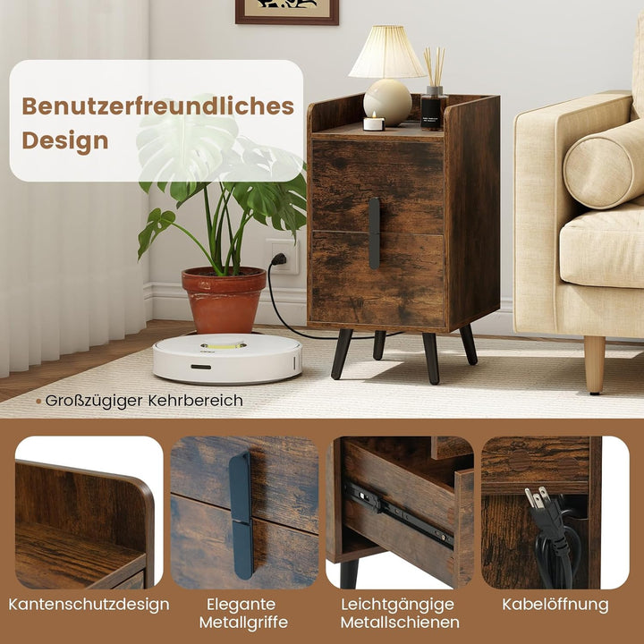 COSTWAY Nachttisch mit Ladestation, schmaler Nachtschrank mit 2 Schubladen, Beistelltisch mit Metall