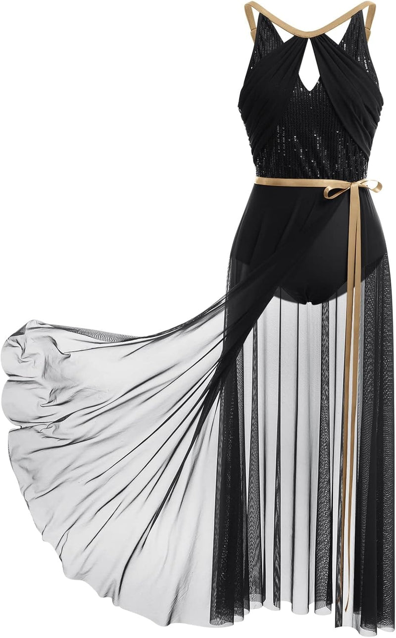 FYMNSI Damen Lyrisch Tanzkleid Ballettkleid Ärmellos Pailletten Trikot Mit Wickelrock Modern Contemp